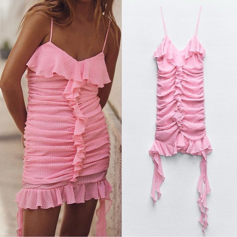 Zara Pink Ruffle Ruched Spaghetti-Strap Mini Dress - Picture 7 of 15